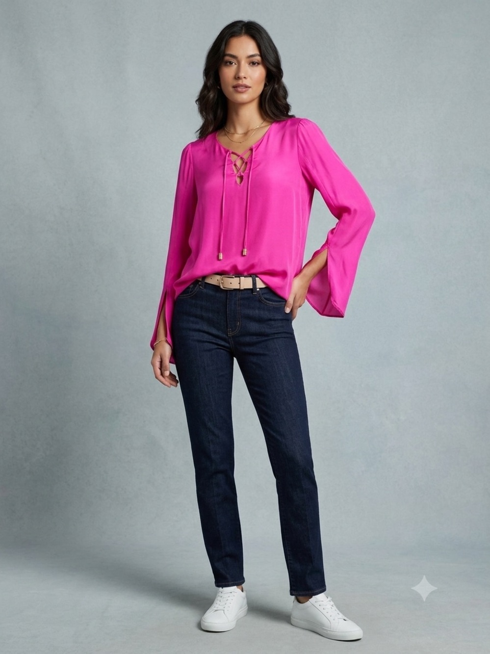 Alice & Trixie Hot Pink 100% Silk Lace Up Front Blouse Top Gold Hardware S